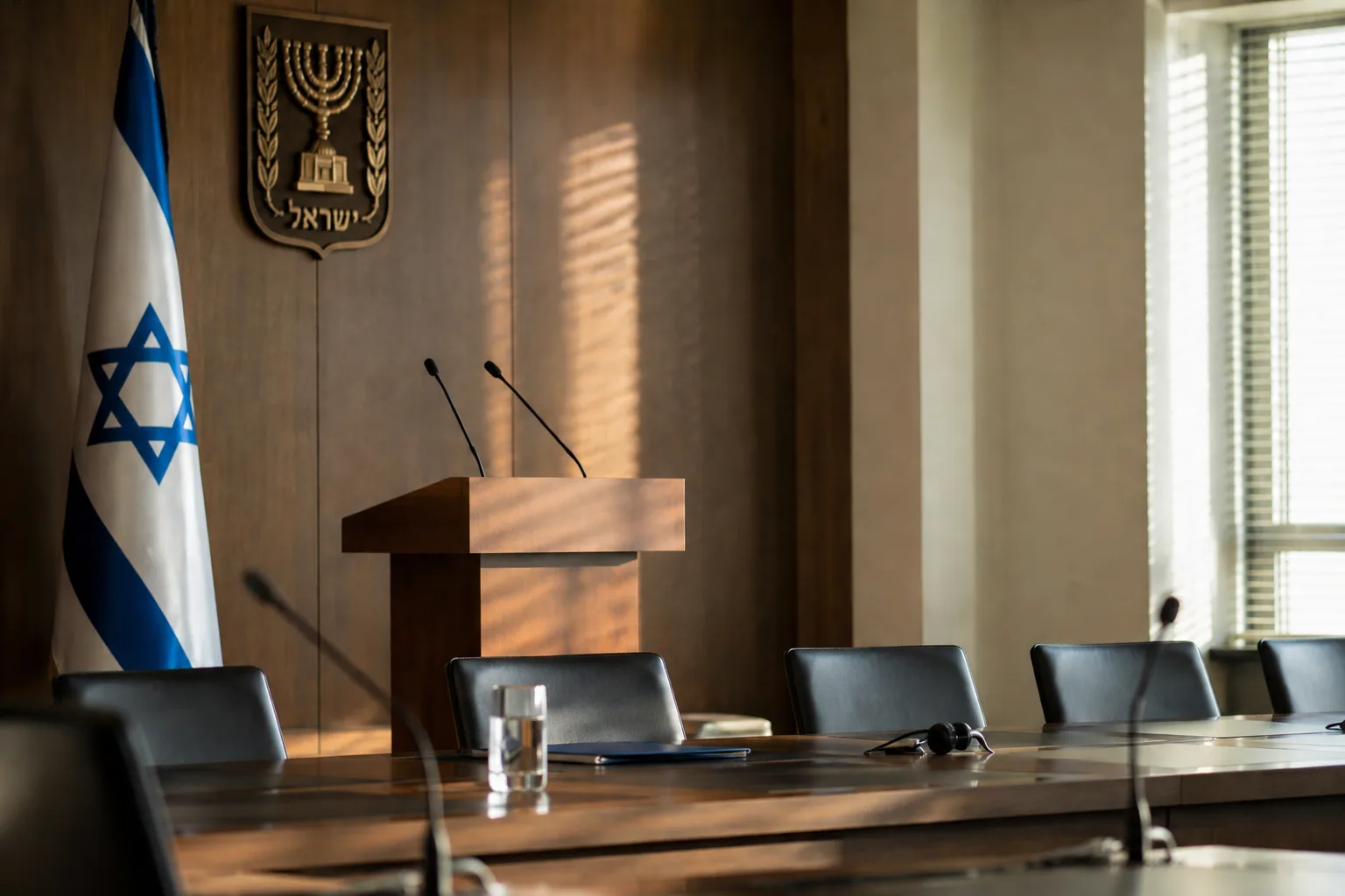 דוכן נואמים עם סמל מדינת ישראל ודגל במשכן ממשלתי